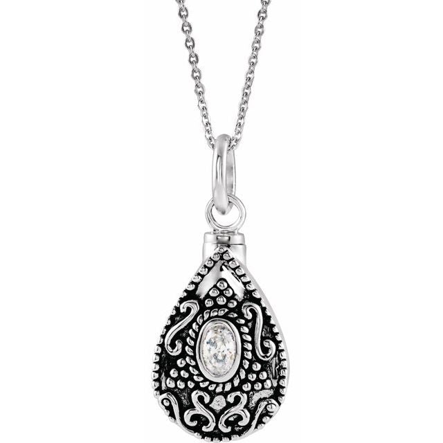 Sterling Silver 6x4 mm Oval April Birthstone Ash Holder 18" Necklace