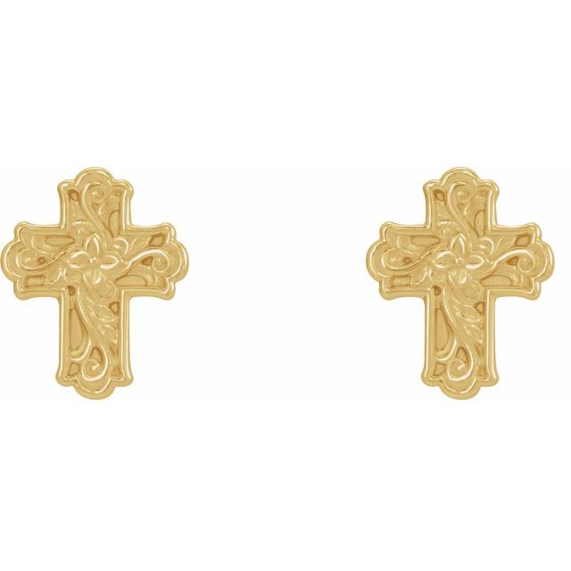 14K Yellow Floral Cross Earrings