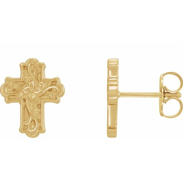 14K Yellow Floral Cross Earrings