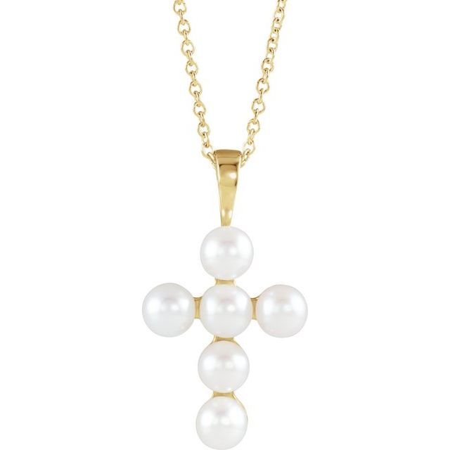 14K Yellow Cultured White Freshwater Pearl Cross 16-18" Necklace