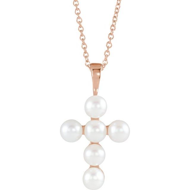 14K Rose Cultured White Freshwater Pearl Cross 16-18" Necklace