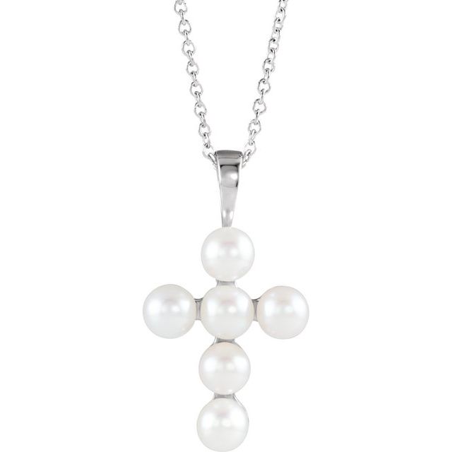 Sterling Silver Cultured White Freshwater Pearl Cross 16-18" Necklace