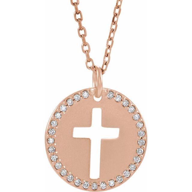 14K Rose .07 CTW Natural Diamond Pierced Cross 18" Necklace