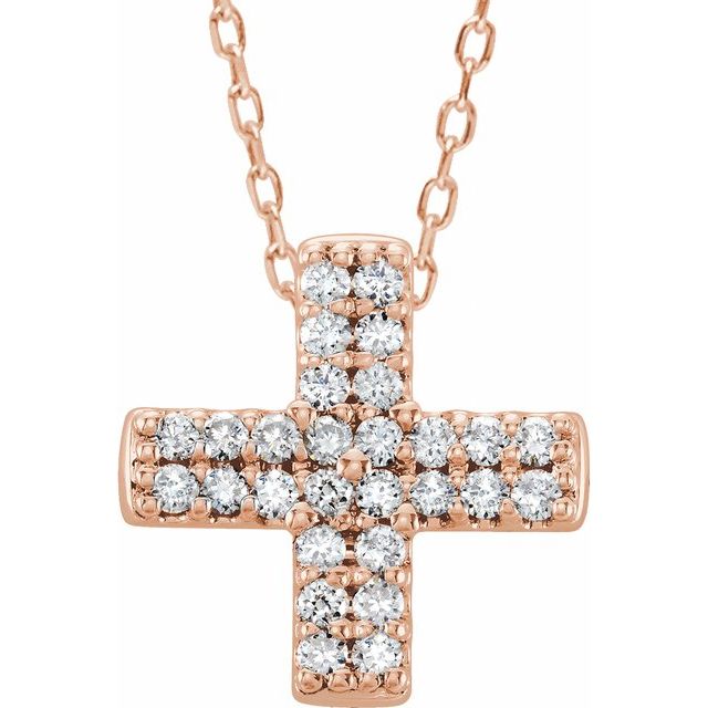 14K Rose .07 CTW Natural Diamond Cross 16-18" Necklace