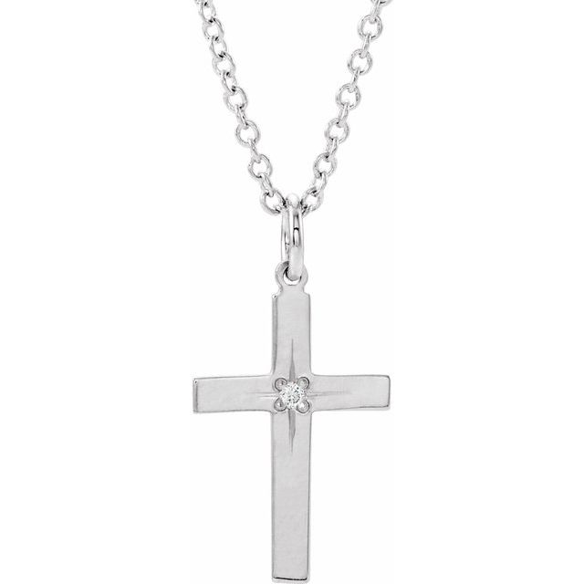 14K White .0075 CT Natural Diamond Youth Cross 15" Necklace