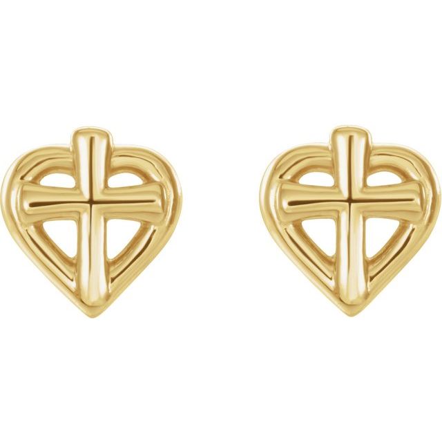 14K Yellow Cross with Heart Youth Earrings