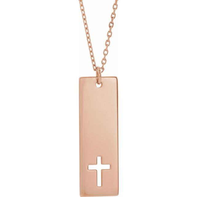 14K Rose Engravable Pierced Cross Bar 16-18" Necklace