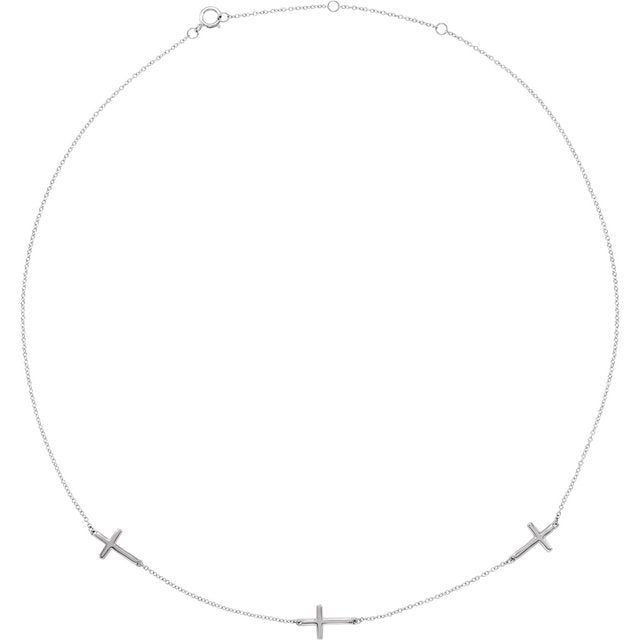 14K White 3-Station Cross Adjustable 16-18” Necklace