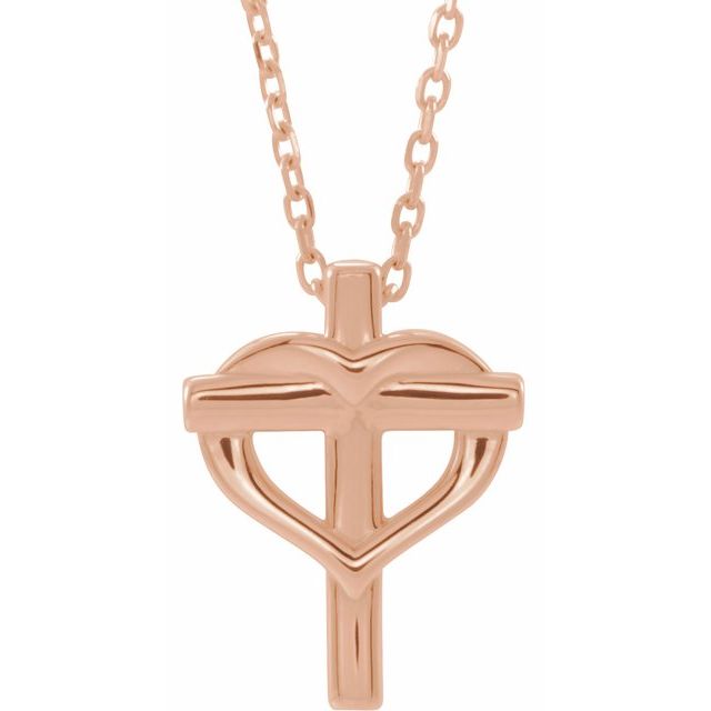 14K Rose Youth Cross with Heart 15" Necklace