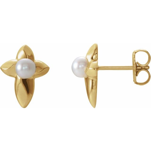 14K Yellow Cultured White Freshwater Pearl Cross Earrings