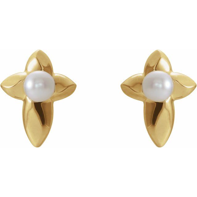 14K Yellow Cultured White Freshwater Pearl Cross Earrings