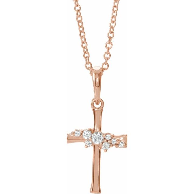 14K Rose .06 CTW Natural Diamond Cluster Cross 16-18" Necklace