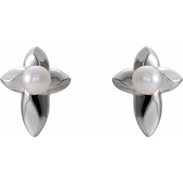 Sterling Silver Cultured White Freshwater Pearl Cross Earrings