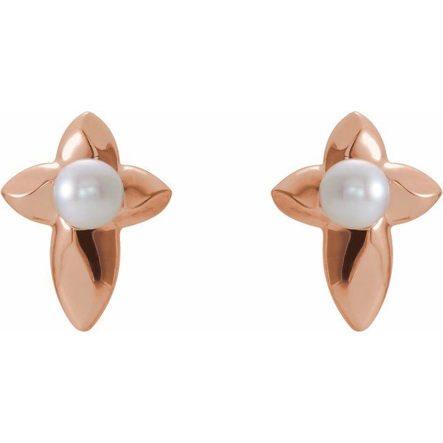 14K Rose Cultured White Freshwater Pearl Cross Earrings