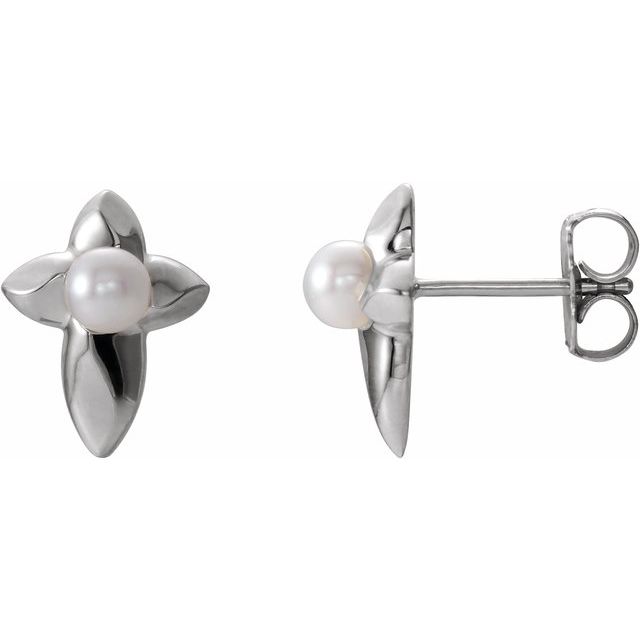 Sterling Silver Cultured White Freshwater Pearl Cross Earrings