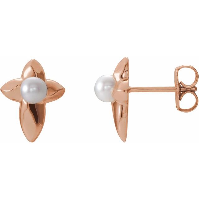 14K Rose Cultured White Freshwater Pearl Cross Earrings