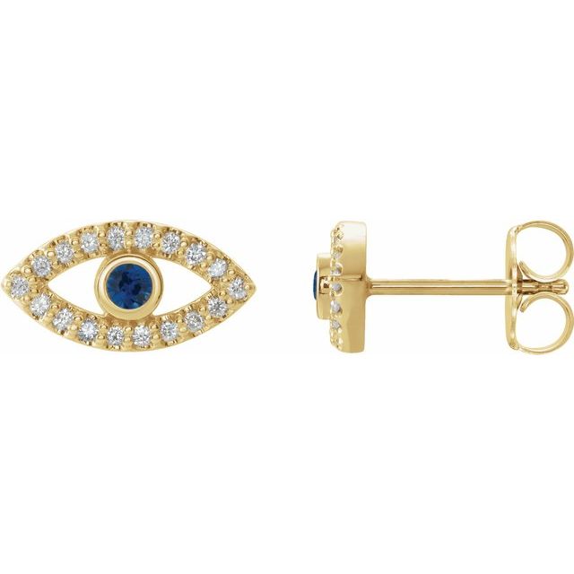 14K Yellow Natural Blue Sapphire & Natural White Sapphire Evil Eye Earrings