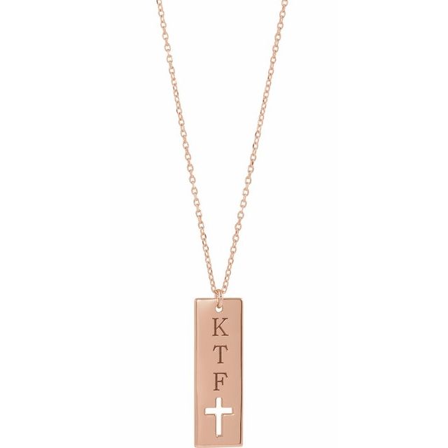 14K Rose Engravable Pierced Cross Bar 16-18" Necklace