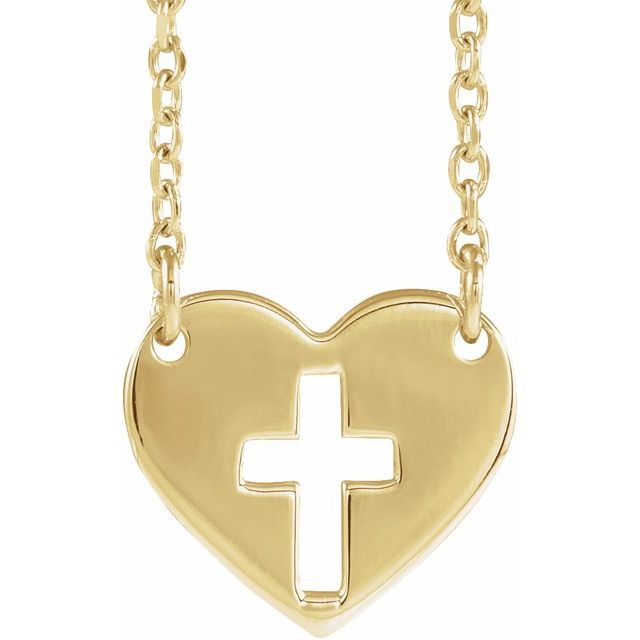 14K Yellow Pierced Cross Heart 16-18" Necklace