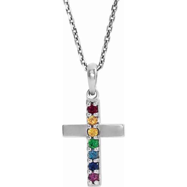 Sterling Silver Natural Multi-Gemstone Cross 16-18" Necklace