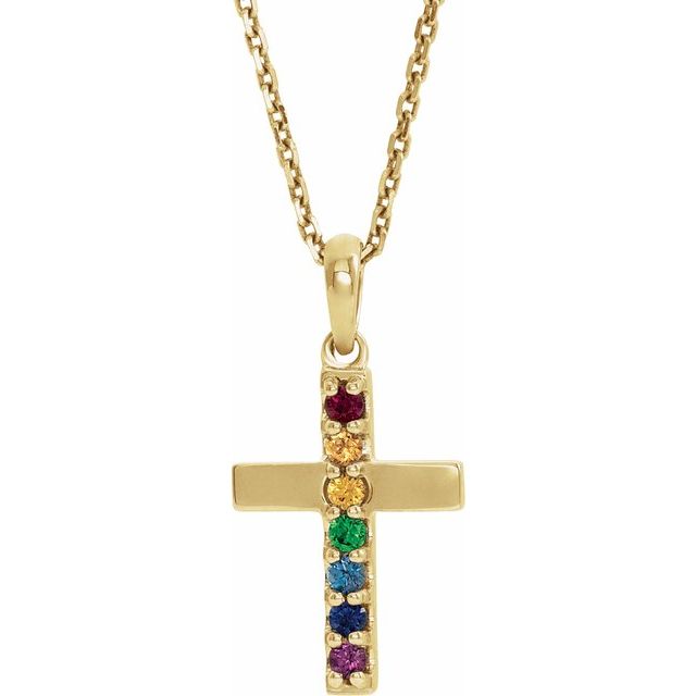 14K Yellow Natural Multi-Gemstone Cross 16-18" Necklace