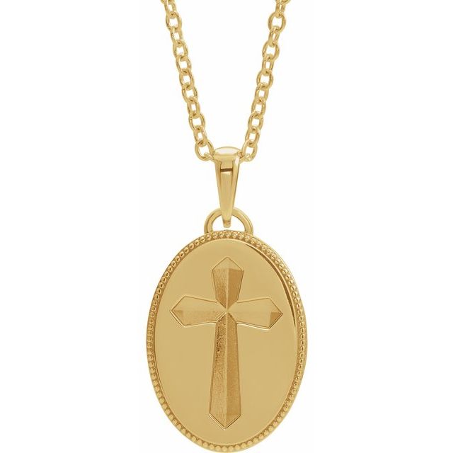 14K Yellow  Oval Cross Medal 20" Necklace