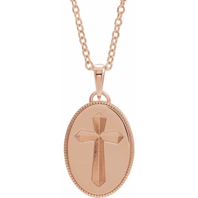 14K Rose  Oval Cross Medal 20" Necklace