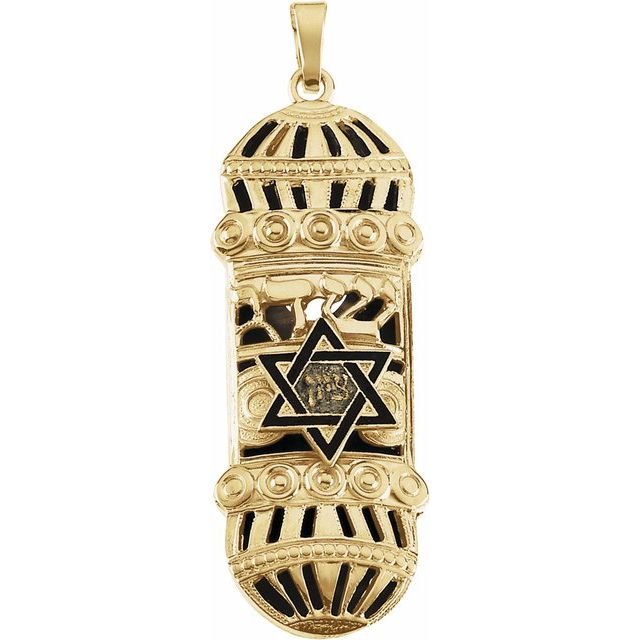 14K Yellow 37x13 mm Mezuzah Pendant with Blue & White Enamel