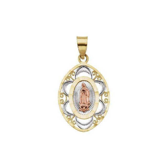 14K Yellow/Rose 22x17 mm Oval Our Lady of Guadalupe Medal with Rhodium Plating
