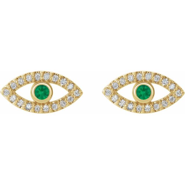 14K Yellow Natural Emerald & Natural White Sapphire Evil Eye Earrings