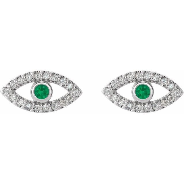 14K White Natural Emerald & Natural White Sapphire Evil Eye Earrings