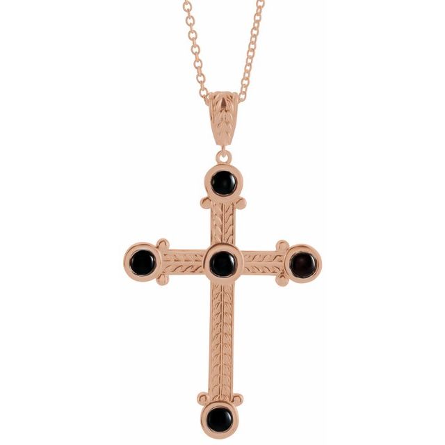 14K Rose Natural Black Onyx Cross 16-18" Necklace
