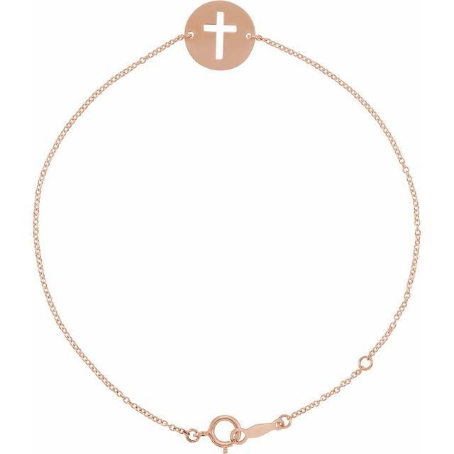 14K Rose Pierced Cross Disc 7-8" Bracelet