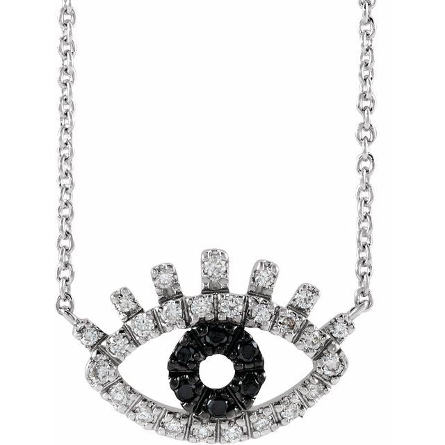 14K White 1/8 CTW Natural Black & White  Diamond Evil Eye 18" Necklace