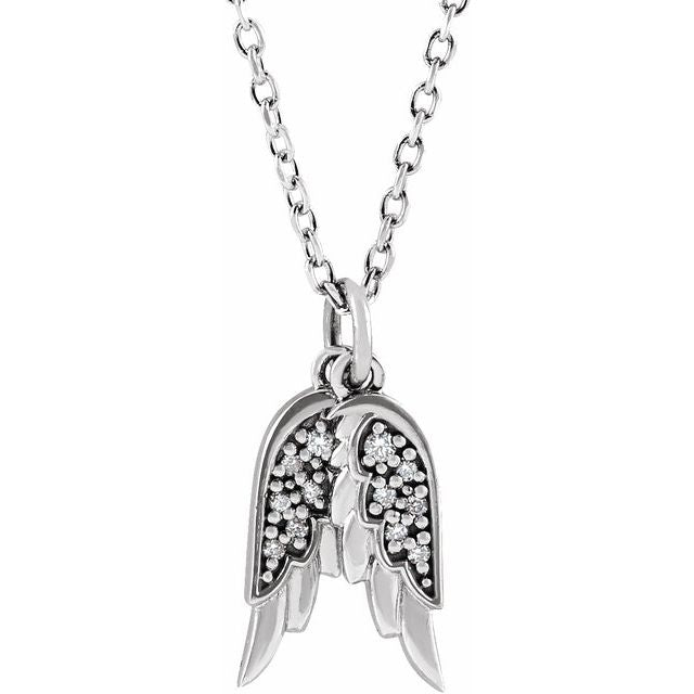 Sterling Silver .03 CTW Natural Diamond Angel Wings 16-18" Necklace