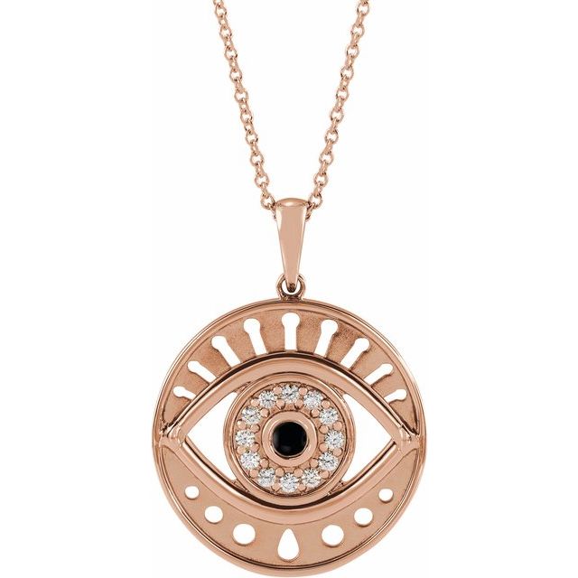 14K Rose Natural Black Onyx & 1/6 CTW Natural Diamond Evil Eye 16-18" Necklace