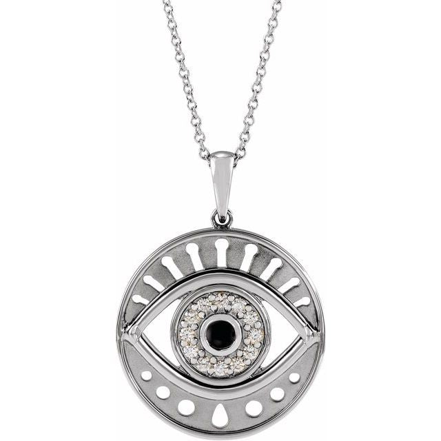 14K White Natural Black Onyx & 1/6 CTW Natural Diamond Evil Eye 16-18" Necklace