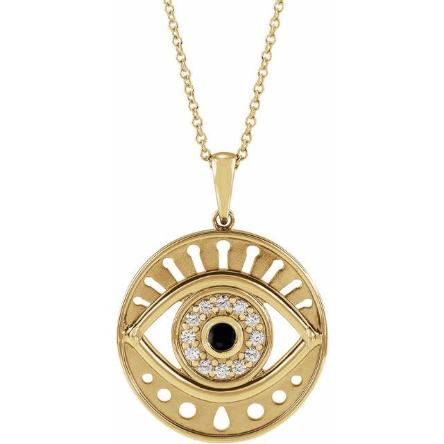 14K Yellow Natural Black Onyx & 1/6 CTW Natural Diamond Evil Eye 16-18" Necklace