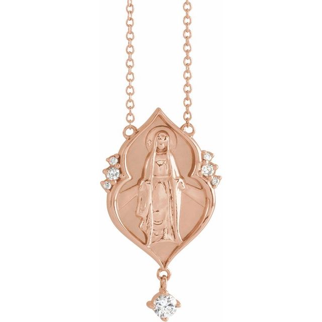 14K Rose .08 CTW Natural Diamond Miraculous Mary 16" Necklace