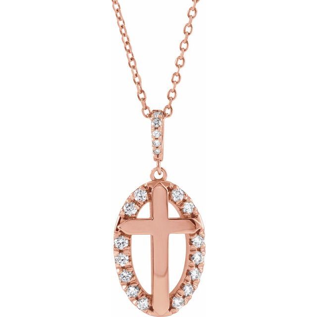 14K Rose 1/5 CTW Natural Diamond Halo-Style Cross 16-18" Necklace