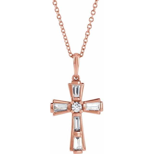 14K Rose 3/8 CTW Natural Diamond Baguette Cross 16-18" Necklace