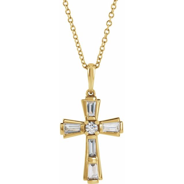 14K Yellow 3/8 CTW Natural Diamond Baguette Cross 16-18" Necklace