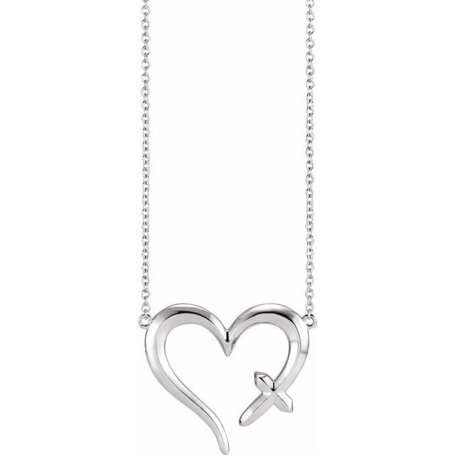 Sterling Silver Cross & Open Heart 16" Necklace