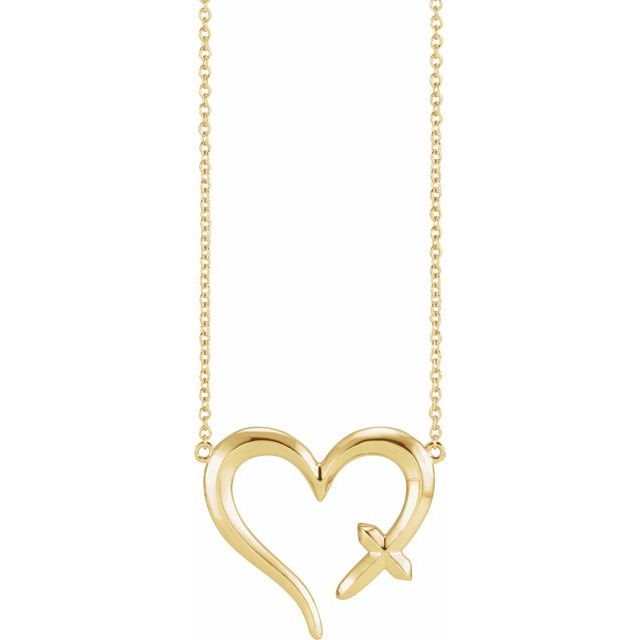 14K Yellow Cross & Open Heart 18" Necklace