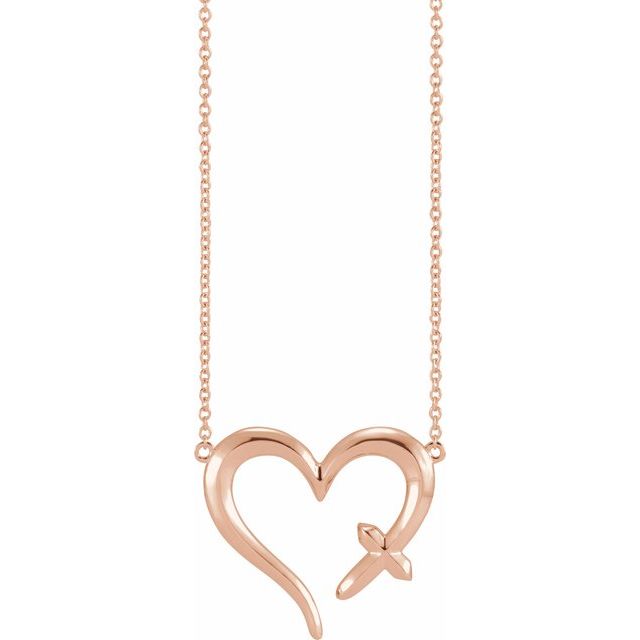 14K Rose Cross & Open Heart 18" Necklace