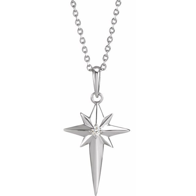 14K White .03 CT Natural Diamond Star Cross 16-18" Necklace