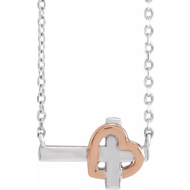14K White/Rose Sideways Cross & Heart 18" Necklace