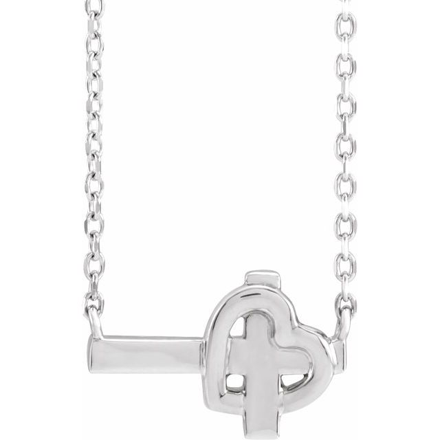 14K White Sideways Cross & Heart 18" Necklace