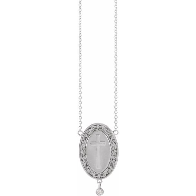 14K White .015 CT Natural Diamond Rosary Cross 18" Necklace