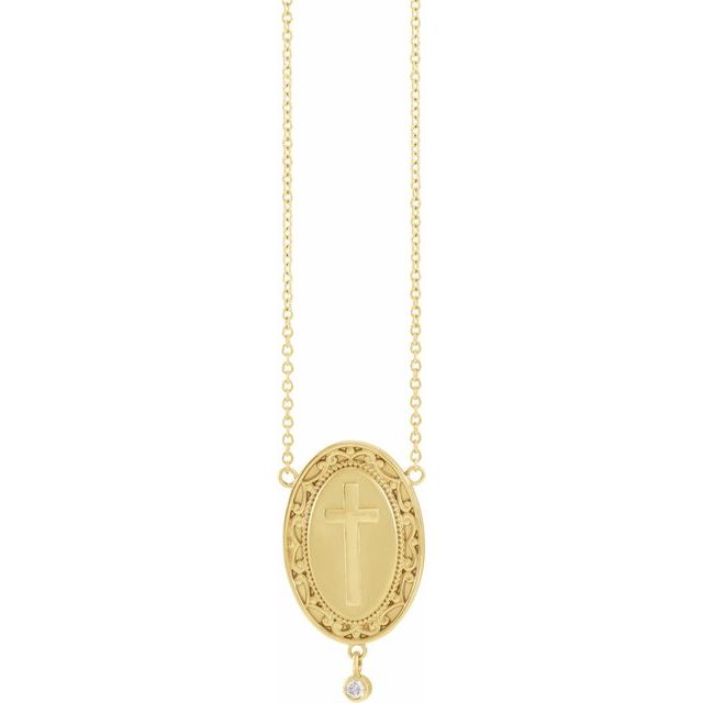 14K Yellow .015 CT Natural Diamond Rosary Cross 18" Necklace